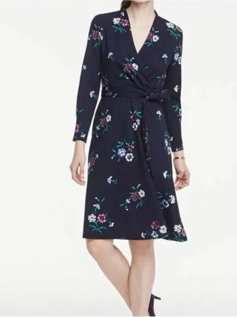 Ann Taylor Navy Floral Wrap Dress with Tie Waist